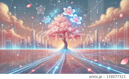 データの光が根を張る桜と未来都市が融合する幻想的な春のデジタル風景 データの光が根を張る桜と未来都市が融合する幻想的な春のデジタル風景 138077321