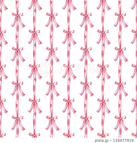 Vertical seamless pattern with pink ribbons and bows on an isolated background. A background with watercolor festive elements for fabrics, textiles, wallpaper, packaging, postcards, and printing. 138077919