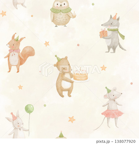 Seamless pattern with cute animals on birthday party, woodland watercolour funny illustrations for baby textile and fabric, nursery design Seamless pattern with cute animals on birthday party, woodland watercolour funny illustrations for baby textile and fabric, nursery design 138077920
