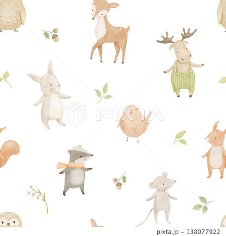 Seamless pattern with cute funny animals squirrel, bunny and badger on white background, woodland watercolour illustrations for baby textile and fabric, nursery design 138077922