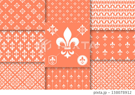 Geometric floral set of seamless patterns. White and pink vector backgrounds. Damask graphic ornaments 138078912