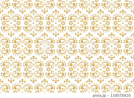 Wallpaper in the style of Baroque. White and golden floral ornament. Seamless vector background. Graphic pattern for fabric, wallpaper, packaging. Ornate Damask flower illustration Wallpaper in the style of Baroque. White and golden floral ornament. Seamless vector background. Graphic pattern for fabric, wallpaper, packaging. Ornate Damask flower illustration 138078920