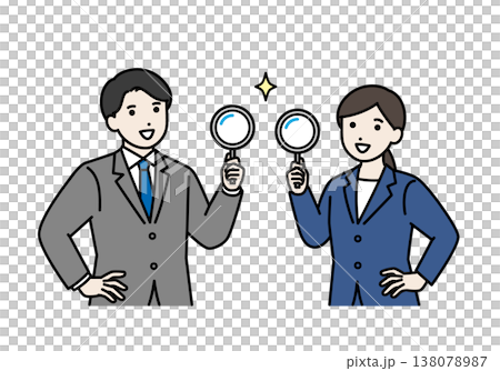 A man and a woman in suits holding magnifying glasses 138078987