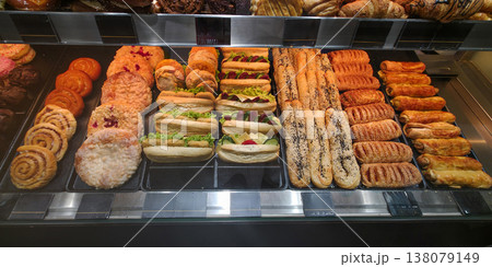 Assorted baked goods displayed in a bakery showcasing various pastries 138079149