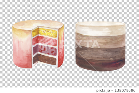 A set with two bases for a cake, hand-drawn. The watercolor illustration is highlighted on an isolated background. A sponge cake template for decorating with various accessories at your discretion A set with two bases for a cake, hand-drawn. The watercolor illustration is highlighted on an isolated background. A sponge cake template for decorating with various accessories at your discretion 138079396