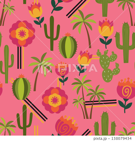 Vibrant vector repeat pattern featuring boho cacti, palm trees, and retro blooms. Perfect for summer fashion, nursery decor, and gift wrapping. 138079434