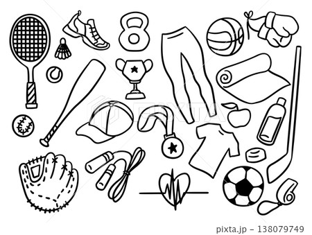 Sport Elements Thin Line Set Hand Drawn Doodle Style. Vector illustration of Ball, Medal and Champion Trophy Cup 138079749