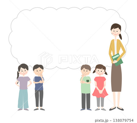 笑顔で考えている女性の先生と子供たち 笑顔で考えている女性の先生と子供たち 138079754