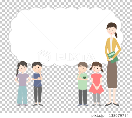 A female teacher and children thinking with smiles on their faces. 138079754