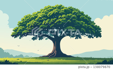 Isolated tree in bright natural landscape with green grass blue sky and distant mountains Isolated tree in bright natural landscape with green grass blue sky and distant mountains 138079870