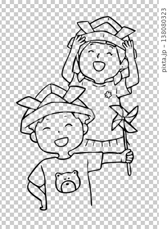 折り紙の兜を被った笑顔の男の子と女の子_線画 折り紙の兜を被った笑顔の男の子と女の子_線画 138080323