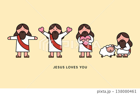 Cute Jesus Character Set with Hearts and Sheep, Simple Christian Vector Illustration 138080461