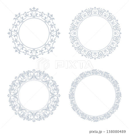 Set of decorative frames Elegant vector element for design in Eastern style, place for text. Floral gray and white frames. Lace illustration for invitations and greeting cards Set of decorative frames Elegant vector element for design in Eastern style, place for text. Floral gray and white frames. Lace illustration for invitations and greeting cards 138080489