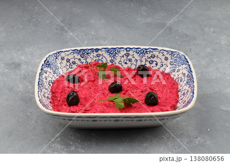 Healthy Beetroot Yogurt Dip with Garlic and Dill in a Bowl 138080656