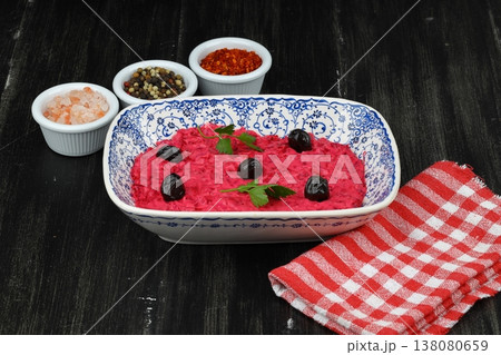 Healthy Beetroot Yogurt Dip with Garlic and Dill in a Bowl 138080659
