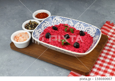 Healthy Beetroot Yogurt Dip with Garlic and Dill in a Bowl 138080667