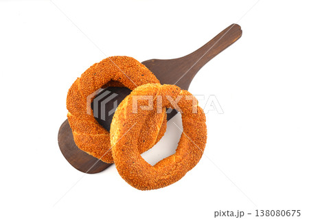 Turkish traditional bagel / simit with sesame on white background, turkish breakfast pastry concept 138080675