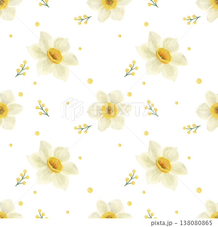 Seamless pattern. White daffodil flower with green twigs, yellow decor. A delicate spring illustration in a flat style. Watercolor, pastel, gouache. For product design, textiles, wallpaper, printing Seamless pattern. White daffodil flower with green twigs, yellow decor. A delicate spring illustration in a flat style. Watercolor, pastel, gouache. For product design, textiles, wallpaper, printing 138080865