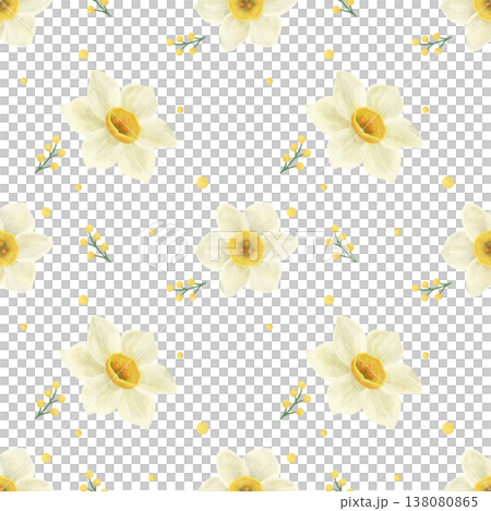 Seamless pattern. White daffodil flower with green twigs, yellow decor. A delicate spring illustration in a flat style. Watercolor, pastel, gouache. For product design, textiles, wallpaper, printing Seamless pattern. White daffodil flower with green twigs, yellow decor. A delicate spring illustration in a flat style. Watercolor, pastel, gouache. For product design, textiles, wallpaper, printing 138080865