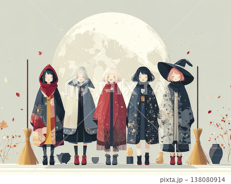 満月の前に立つ魔女の仲間たちのフラットイラスト｜童話風に描く夜のファンタジーイメージ 138080914
