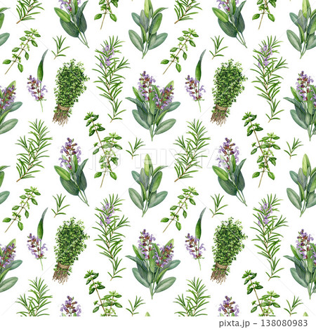 Watercolor seamless pattern with hand-painted sage, thyme and rosemary on white background. Botanical culinary herbs illustration, aromatic garden plants background for textile, packaging design 138080983