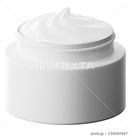 A cream jar is shown with its lid open, revealing smooth cream inside. The jar is placed on a clear background, suitable for product presentations and design showcases 138080987