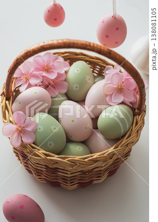 Easter Basket with Ester Eggs, Plush Bunny and Spring Decor on White Table intoCozy Living Room Easter Basket with Ester Eggs, Plush Bunny and Spring Decor on White Table intoCozy Living Room 138081105