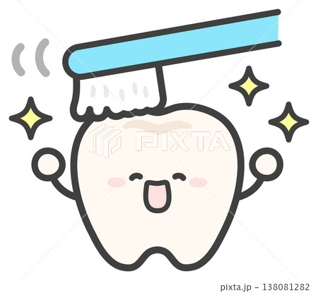 水色の歯ブラシで歯磨きするかわいい歯のイラスト 水色の歯ブラシで歯磨きするかわいい歯のイラスト 138081282