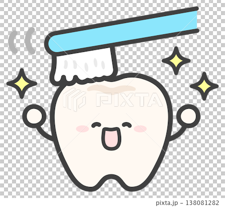水色の歯ブラシで歯磨きするかわいい歯のイラスト 水色の歯ブラシで歯磨きするかわいい歯のイラスト 138081282