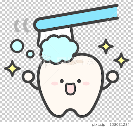 歯ブラシと歯磨き粉で歯磨きするかわいい歯のイラスト 138081284
