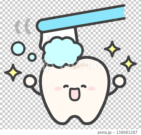 An illustration of teeth being brushed with a light blue toothbrush and toothpaste. An illustration of teeth being brushed with a light blue toothbrush and toothpaste. 138081287