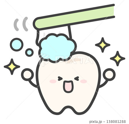 歯ブラシと歯磨き粉で歯磨きする歯のイラスト 138081288