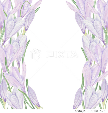 Blooming crocus wreath watercolor greeting template on isolated background. Early spring lilac flowers square frame with copy space for text. Floral border for greeting cards, Easter stationery 138081526