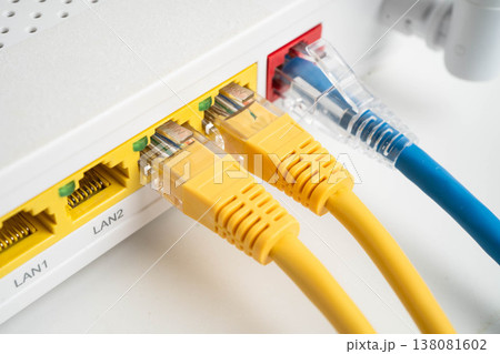 Ethernet cable with wireless router connect to internet service provider network. 138081602