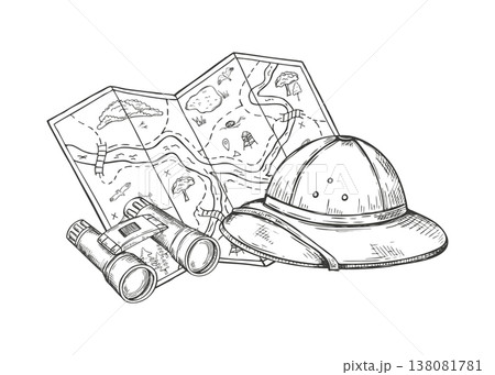 Hand drawn tourist map, pair of binoculars and child safari hat vector isolated illustration. Map with natural terrain, marked bird habitats etching drawing. Wildlife exploration and family adventure 138081781