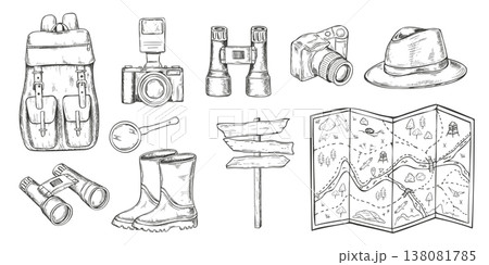 Travel and outdoor adventure equipment clip art vector isolated illustration. Backpack, rubber boots, safari hat, camera, binoculars, magnifying glass, terrain map, and wooden signpost set. 138081785