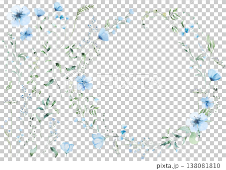 Round floral wreath clipart with blue watercolor wildflowers and leaves, hand drawn wedding illustration 138081810