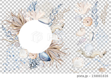 Watercolor round frame with seashells and dried palm leaves, boho wedding stationery illustration Watercolor round frame with seashells and dried palm leaves, boho wedding stationery illustration 138081816