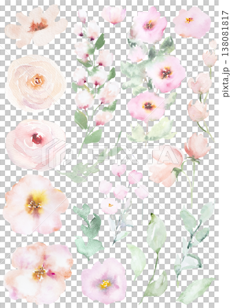 Watercolor light pink flowers and leaves clipart, isolated illustration, pastel wedding elements Watercolor light pink flowers and leaves clipart, isolated illustration, pastel wedding elements 138081817