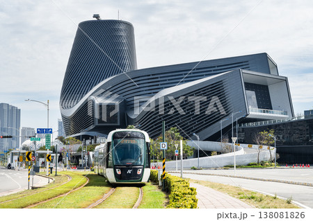 The circular light rail train drives past the Kaohsiung Port Cruise Terminal station in Taiwan. 138081826