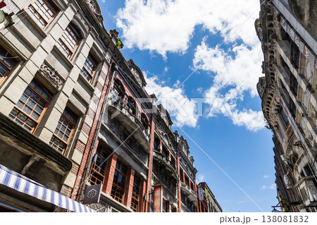 Low-angle view of old buildings in Dihua Street of Wanhua, Taipei City, Taiwan.  138081832