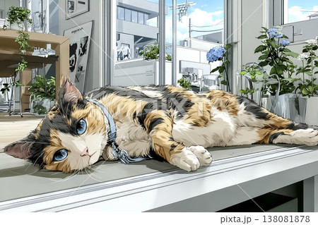 窓辺で寝そべる三毛猫のイラスト｜明るい室内でくつろぐ家猫のイメージ 138081878