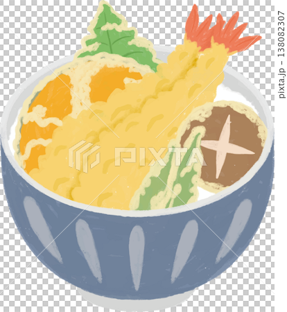 A hand-drawn style illustration of a delicious-looking tempura rice bowl. 138082307