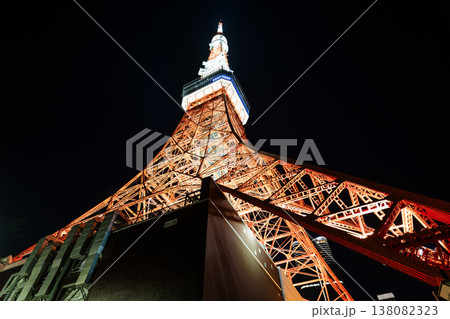 Night view of the Tokyo Tower in Minato, Tokyo, Japan. It is a lattice tower inspired by the Eiffel Tower. In Japan, the second-tallest tower is after Tokyo Skytree. Night view of the Tokyo Tower in Minato, Tokyo, Japan. It is a lattice tower inspired by the Eiffel Tower. In Japan, the second-tallest tower is after Tokyo Skytree. 138082323