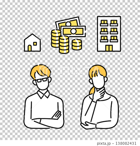 An illustration of a couple struggling with the decision of buying a house or investing in real estate. 138082431