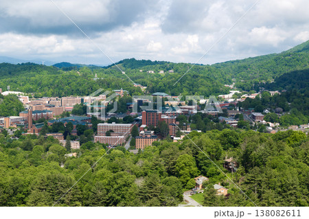 Small town America in Blue Ridge Mountains. Boone, North Carolina. Red brick architecture with narrow streets and historical buildings Appalachian Mountains. Popular tourist destination Small town America in Blue Ridge Mountains. Boone, North Carolina. Red brick architecture with narrow streets and historical buildings Appalachian Mountains. Popular tourist destination 138082611
