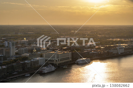 River street in old historical city Savannah in Georgia. Southern USA cityscape at sunset 138082662