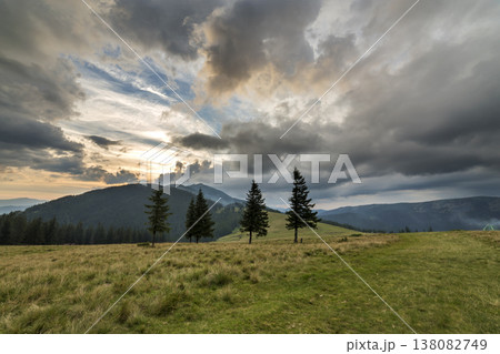 Panoramic summer view, green grassy valley on distant woody mountains background under cloudy sky. 138082749