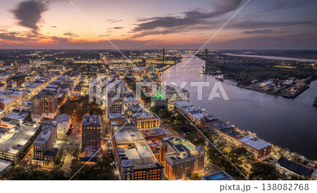 Old historic city architecture in Southern USA. View from above of illuminated streets of Savannah, Georgia at night 138082768