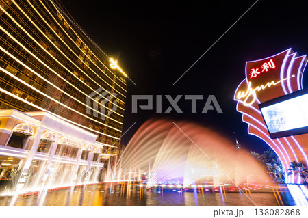 Beautiful night view of Wynn Performance Lake displays water, music, and light show, is a hotel casino resort in Macau, China. 138082868
